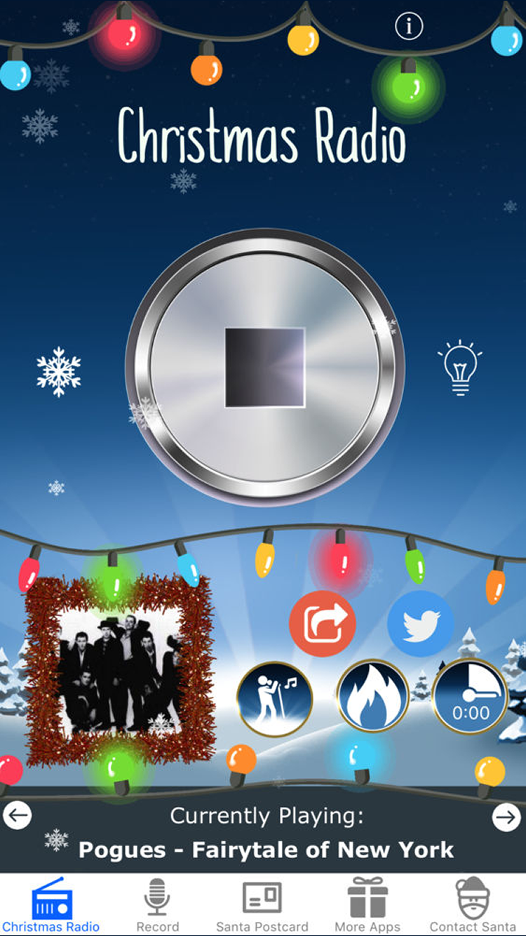 Christmas Radio app with festive lights, a music playback button, current song artwork and recording controls.