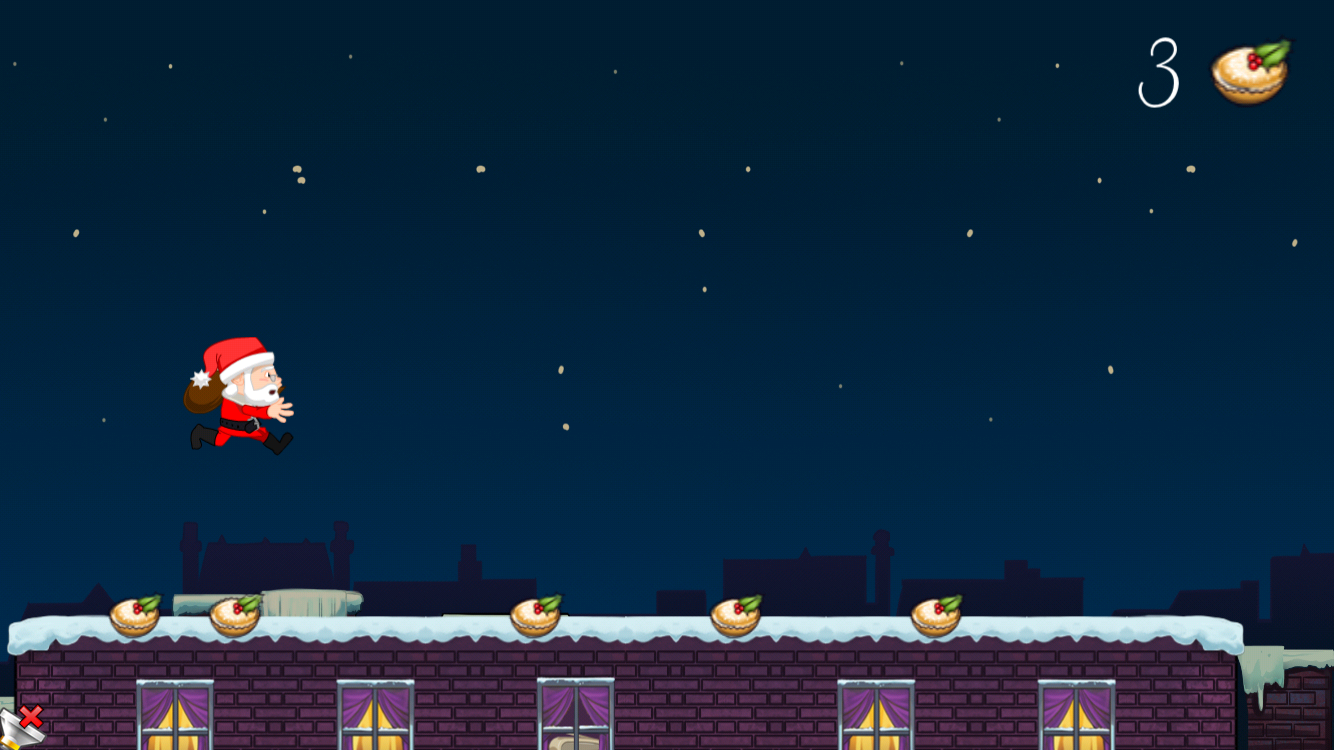 Santa Dash landscape game screen with Santa jumping over snowy rooftops to collect mince pies.