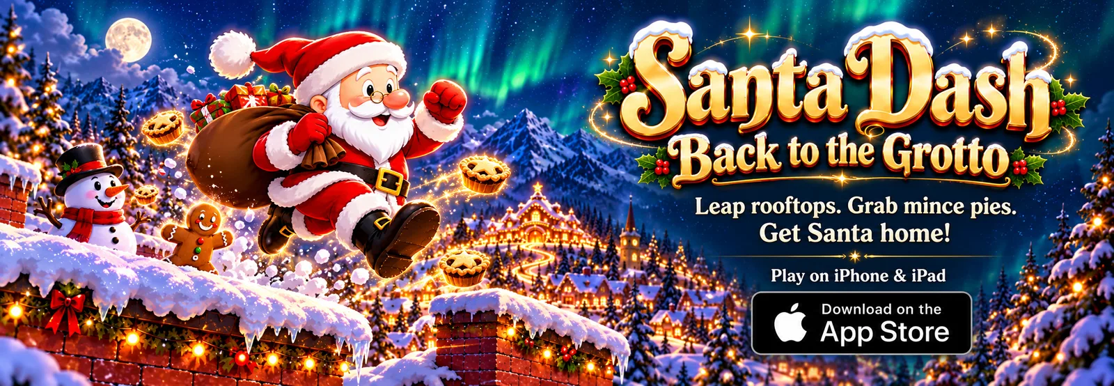 Santa Dash — Back to the Grotto: Santa leaps across snowy rooftops to collect mince pies. Play on iPhone and iPad.