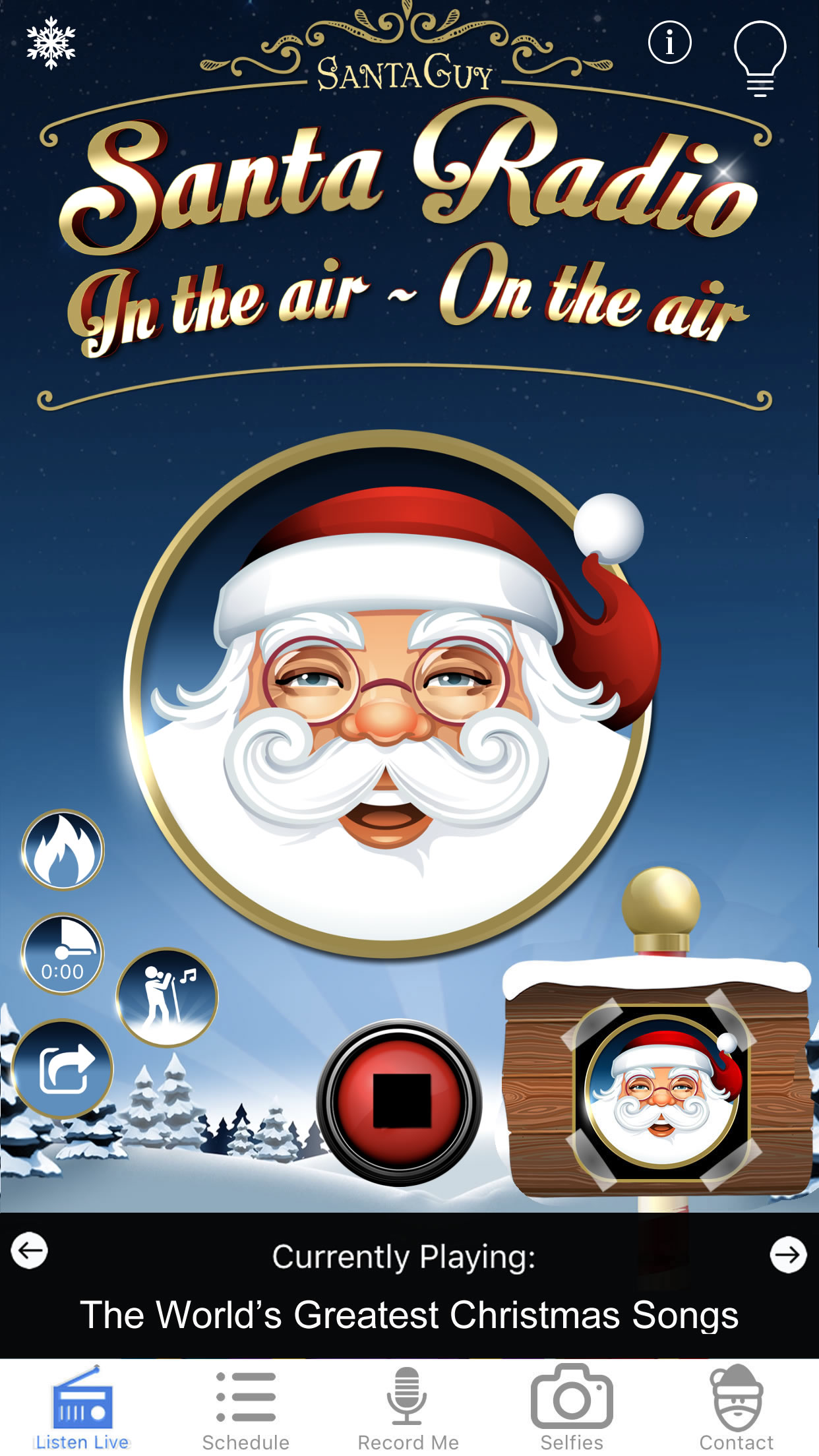 Santa Radio app with Santa, live Christmas music and Listen Live, Schedule, Record Me, Selfies and Contact tabs.