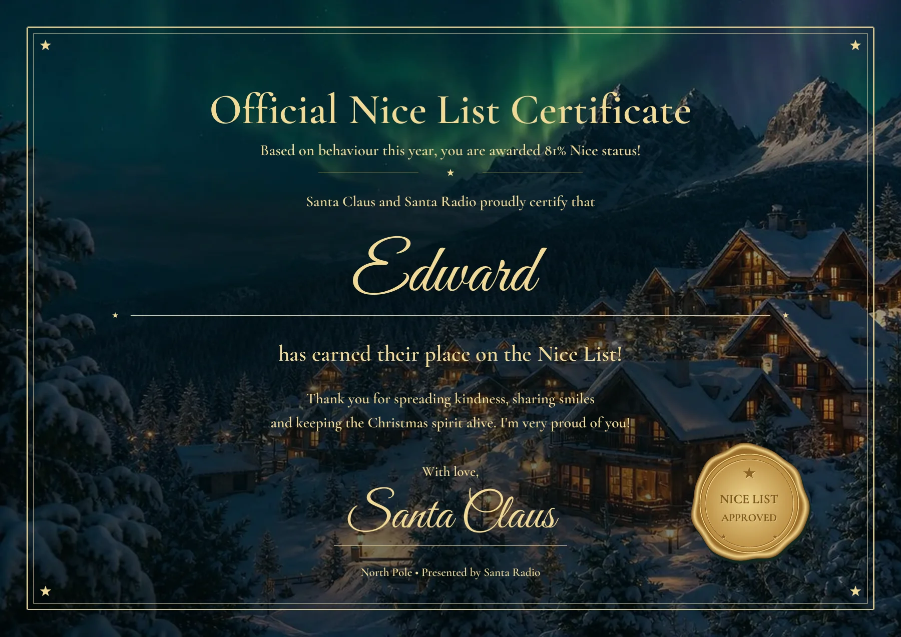 Example Official Nice List Certificate for Edward