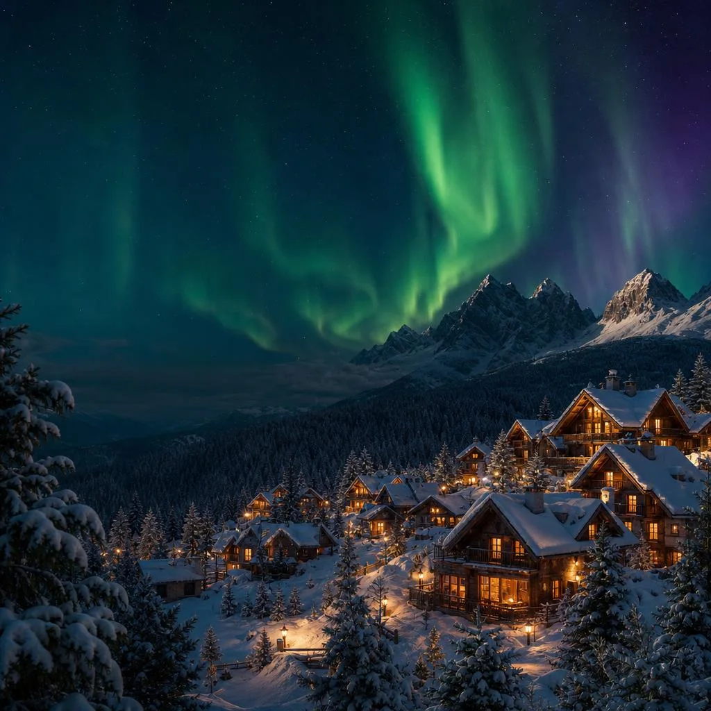 A snowy North Pole village with warmly lit windows beneath the northern lights