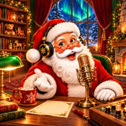 Santa wearing headphones at a festive message-making microphone