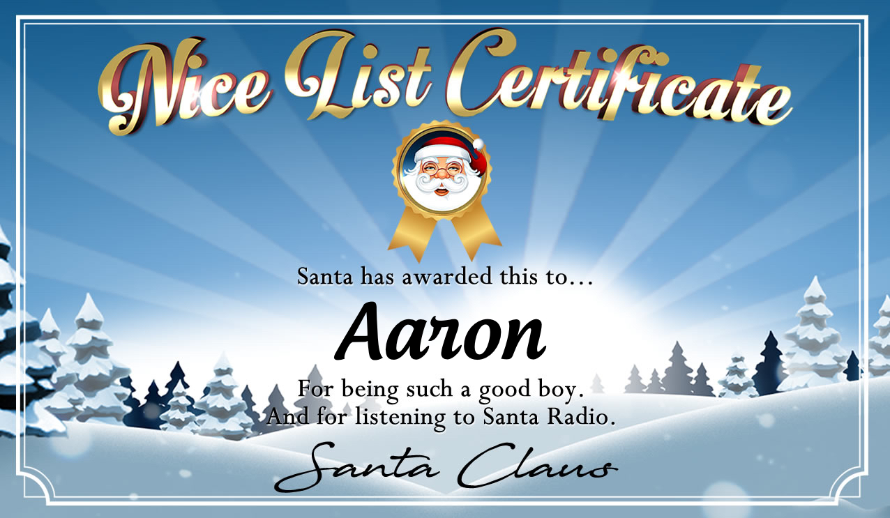 Personalised good list certificate for Aaron