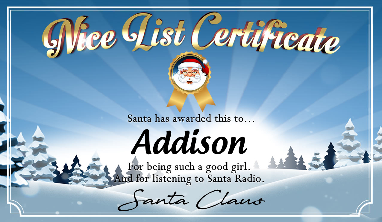 Personalised good list certificate for Addison