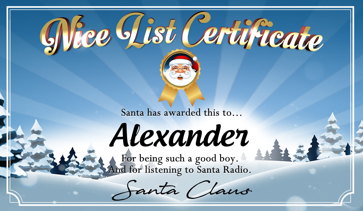 Personalised good list certificate for Alexander
