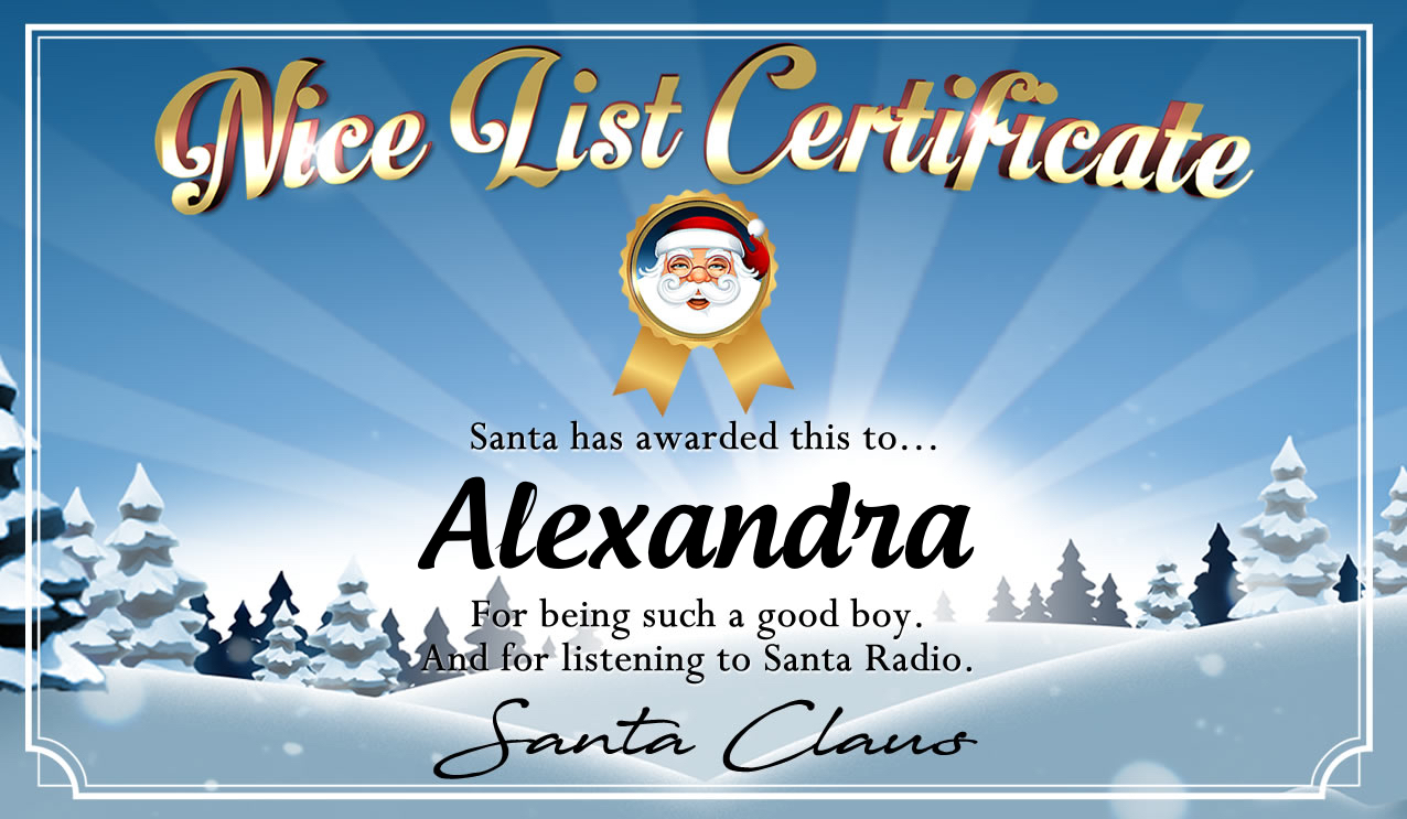 Personalised good list certificate for Alexandra