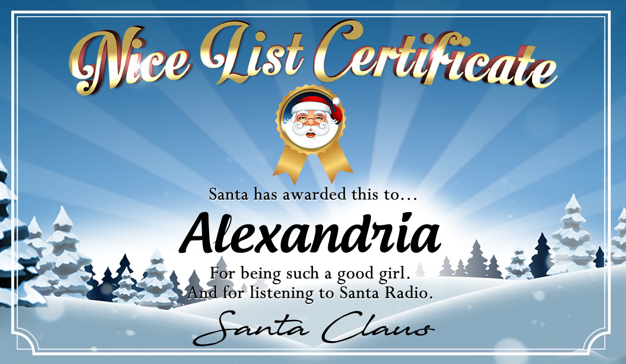 Personalised good list certificate for Alexandria