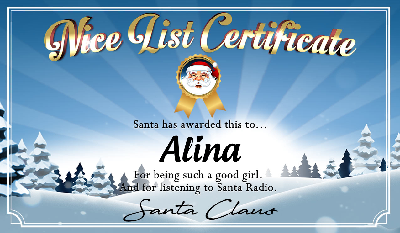 Personalised good list certificate for Alina