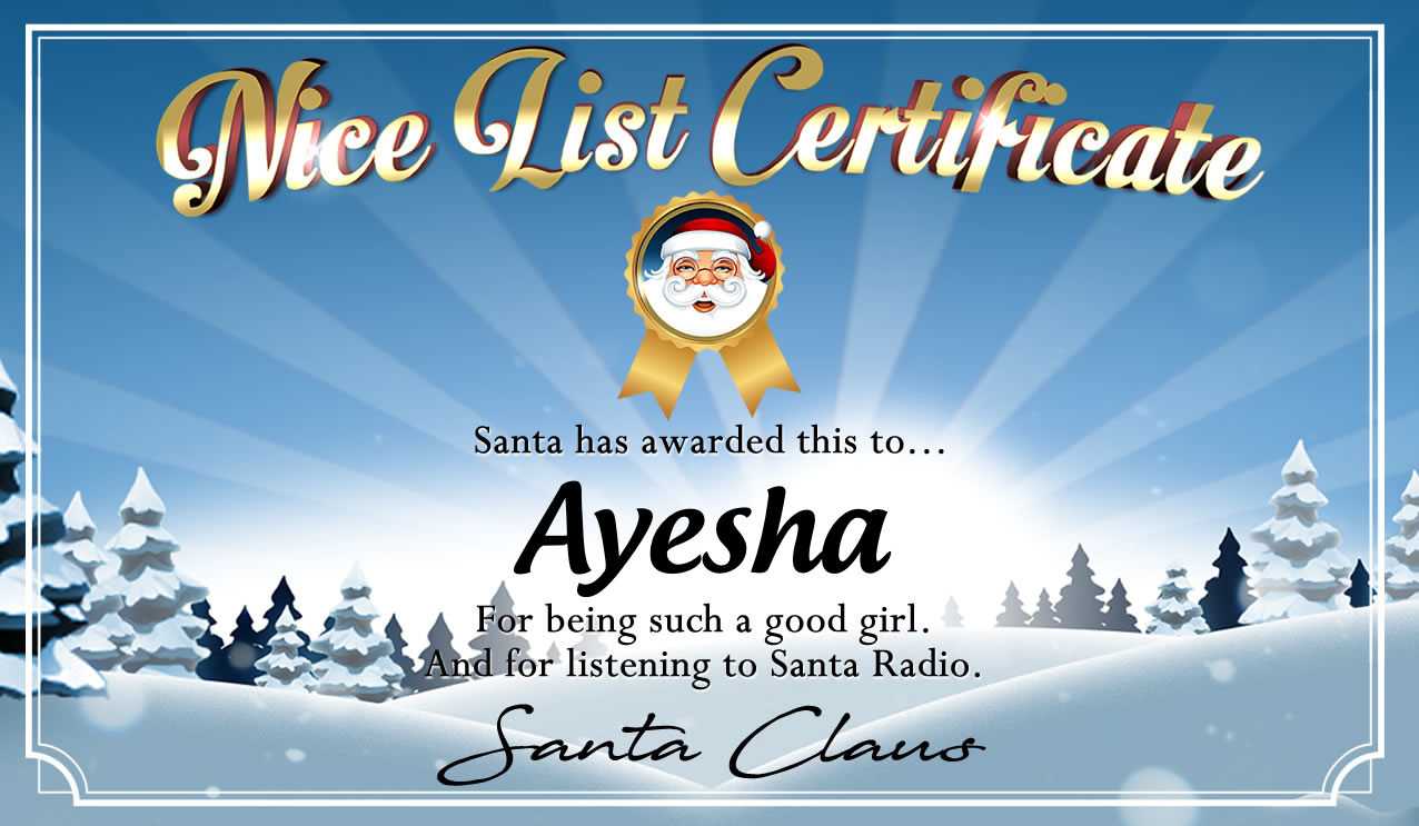 Personalised good list certificate for Ayesha