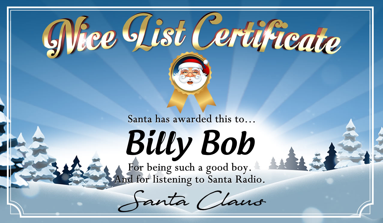 Personalised good list certificate for Billy-Bob