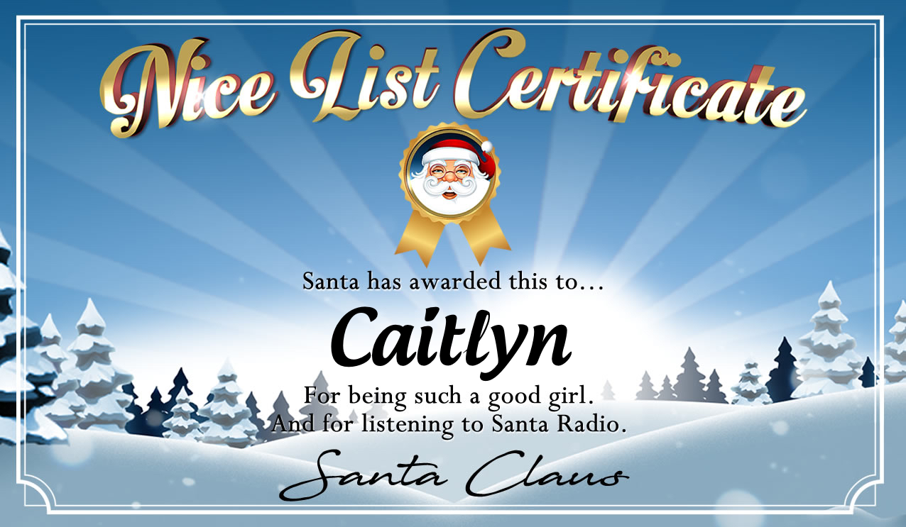 Personalised good list certificate for Caitlyn