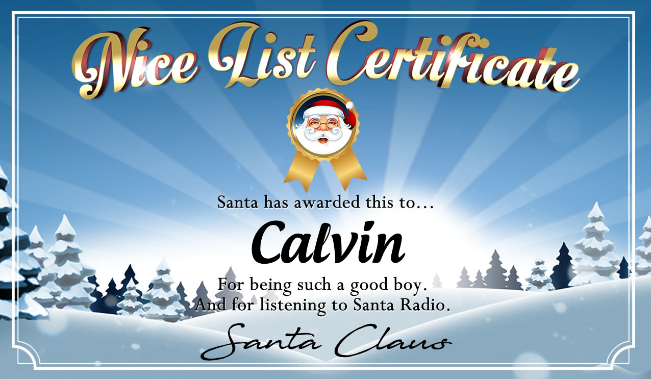 Personalised good list certificate for Calvin