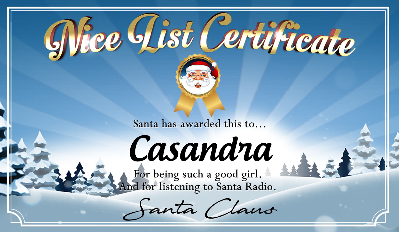 Personalised good list certificate for Casandra