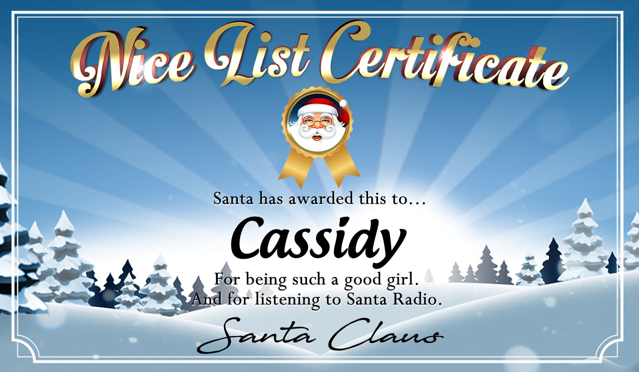 Personalised good list certificate for Cassidy