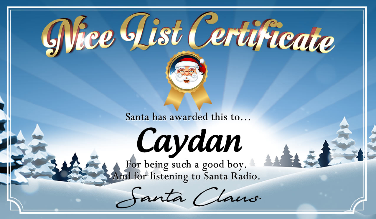 Personalised good list certificate for Caydan