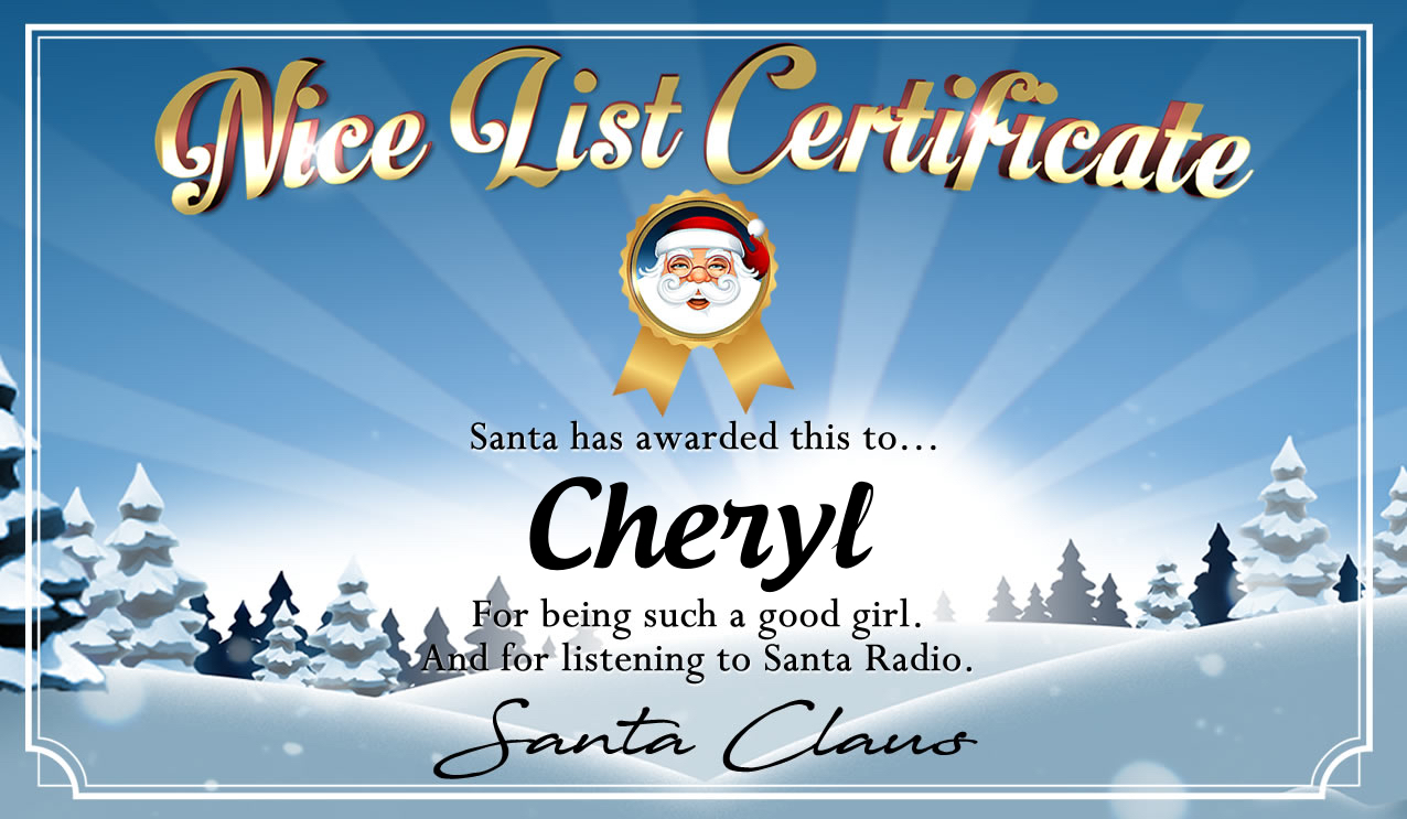 Personalised good list certificate for Cheryl