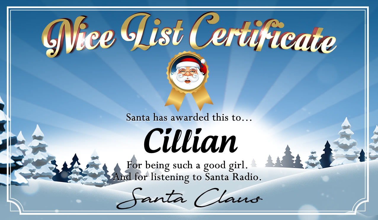 Personalised good list certificate for Cillian