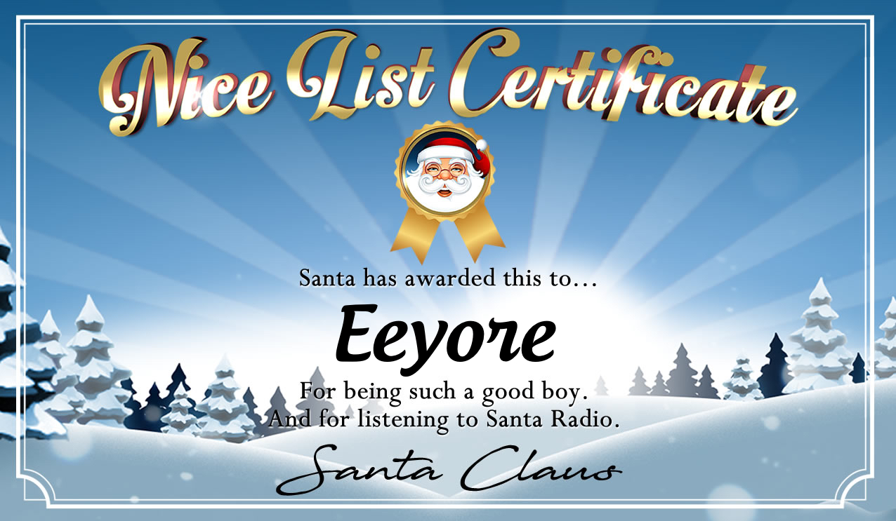 Personalised good list certificate for Eeyore