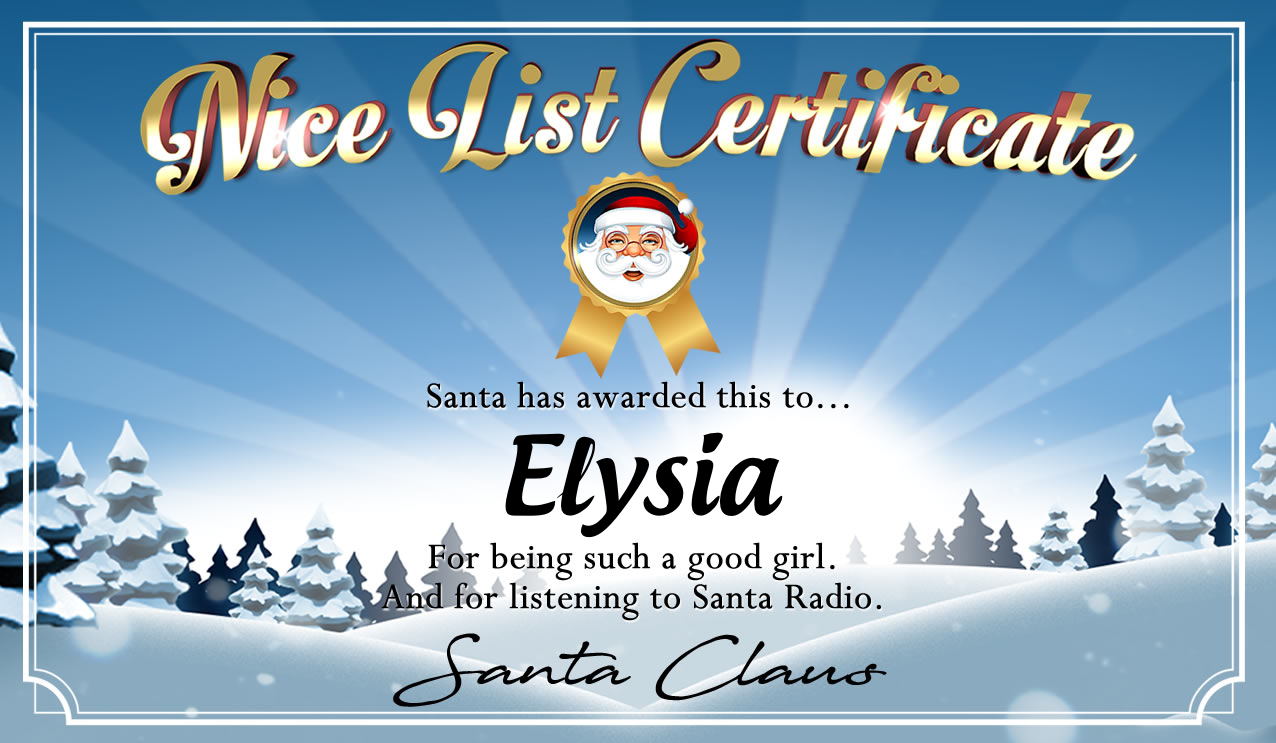 Personalised good list certificate for Elysia