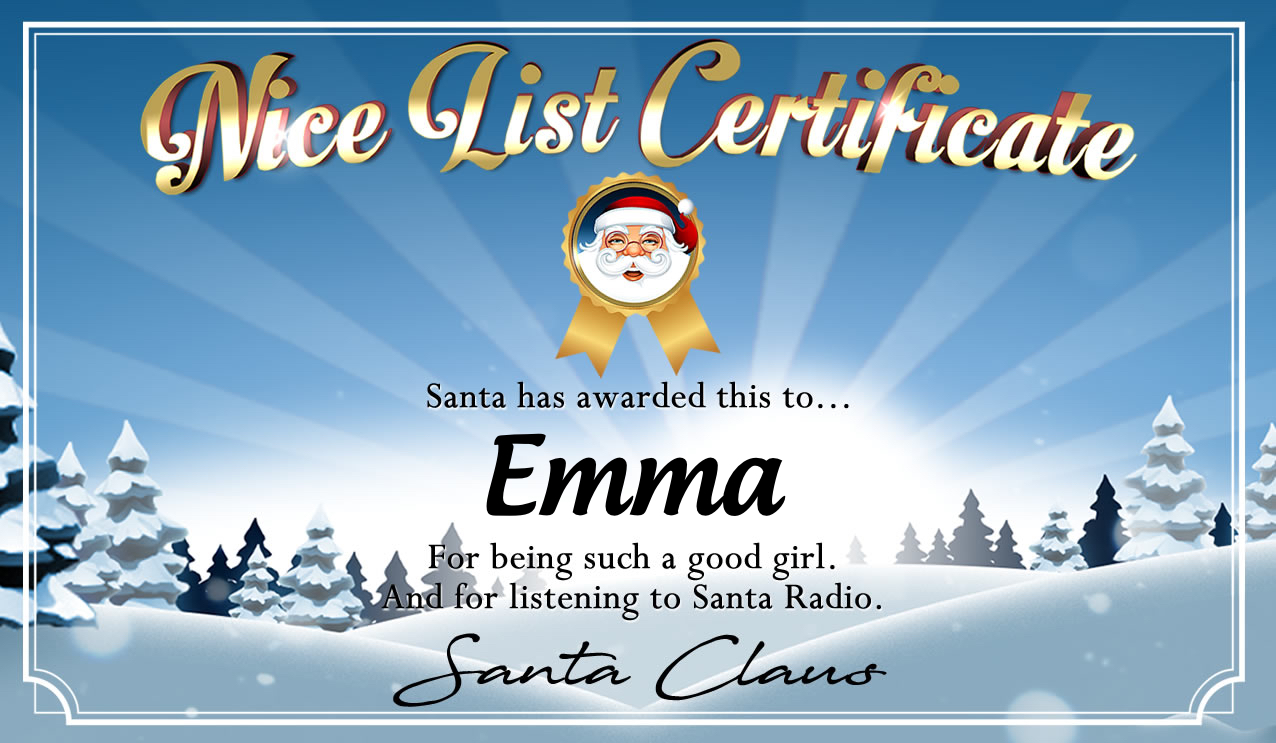 Personalised good list certificate for Emma