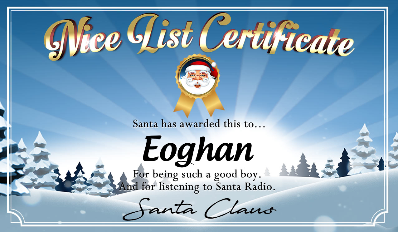 Personalised good list certificate for Eoghan