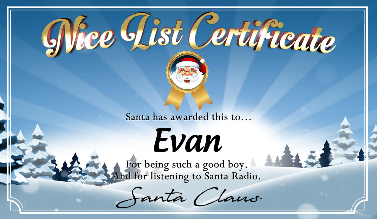 Personalised good list certificate for Evan