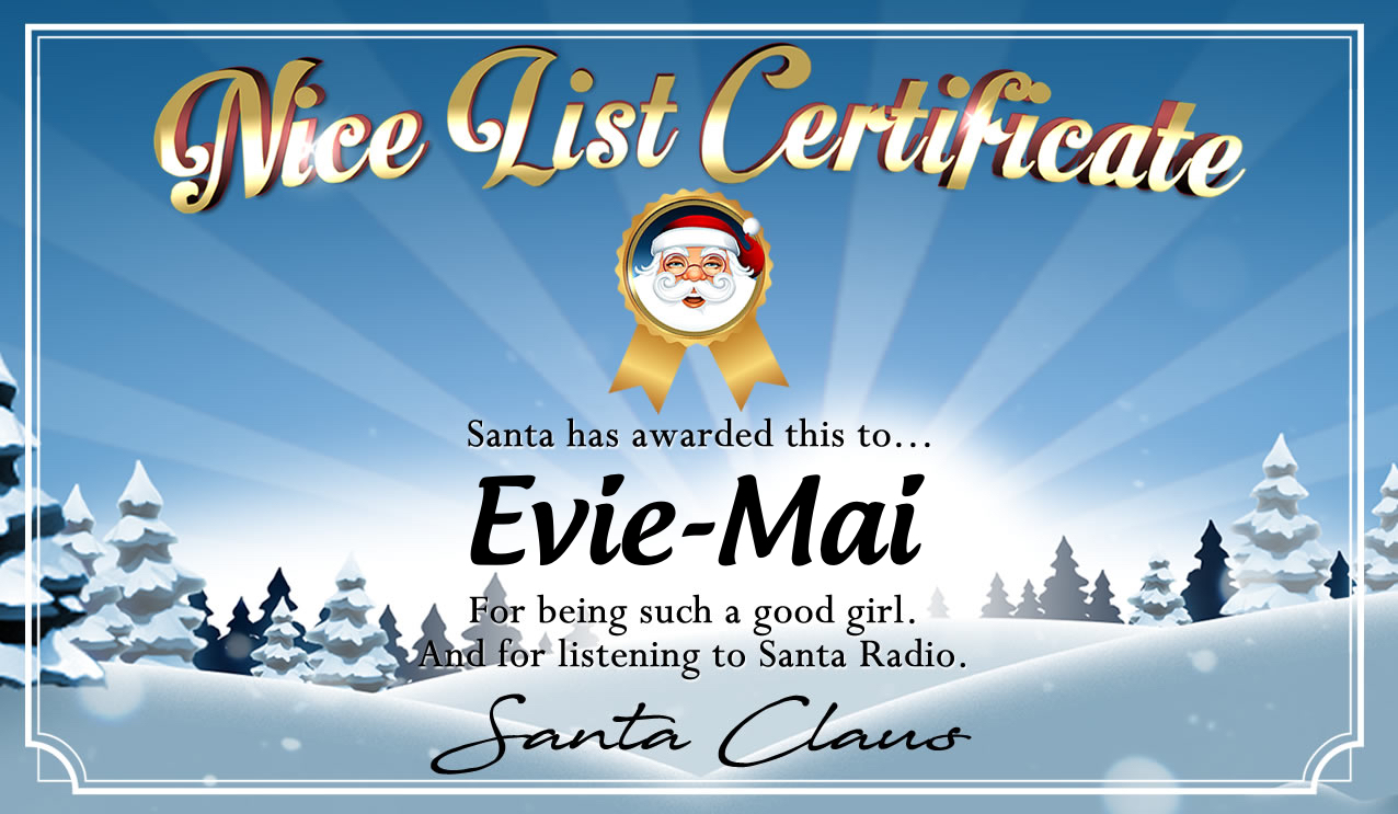 Personalised good list certificate for Evie-Mai