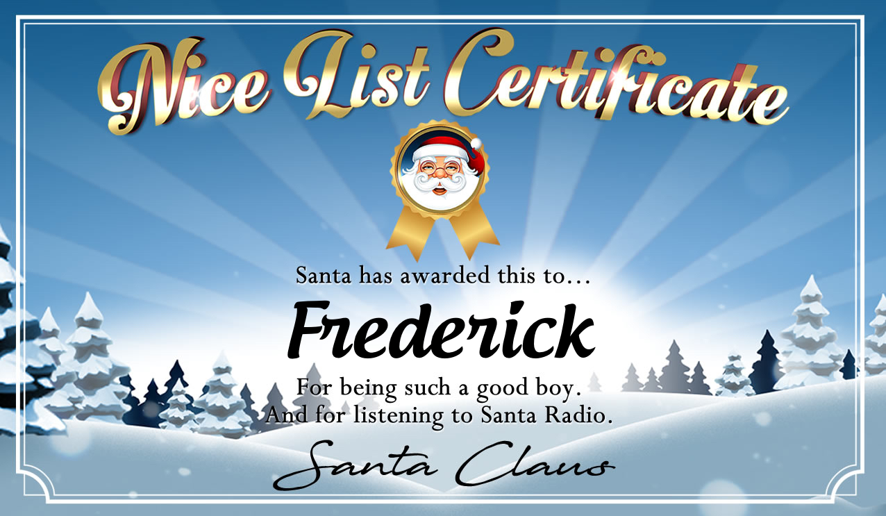Personalised good list certificate for Frederick