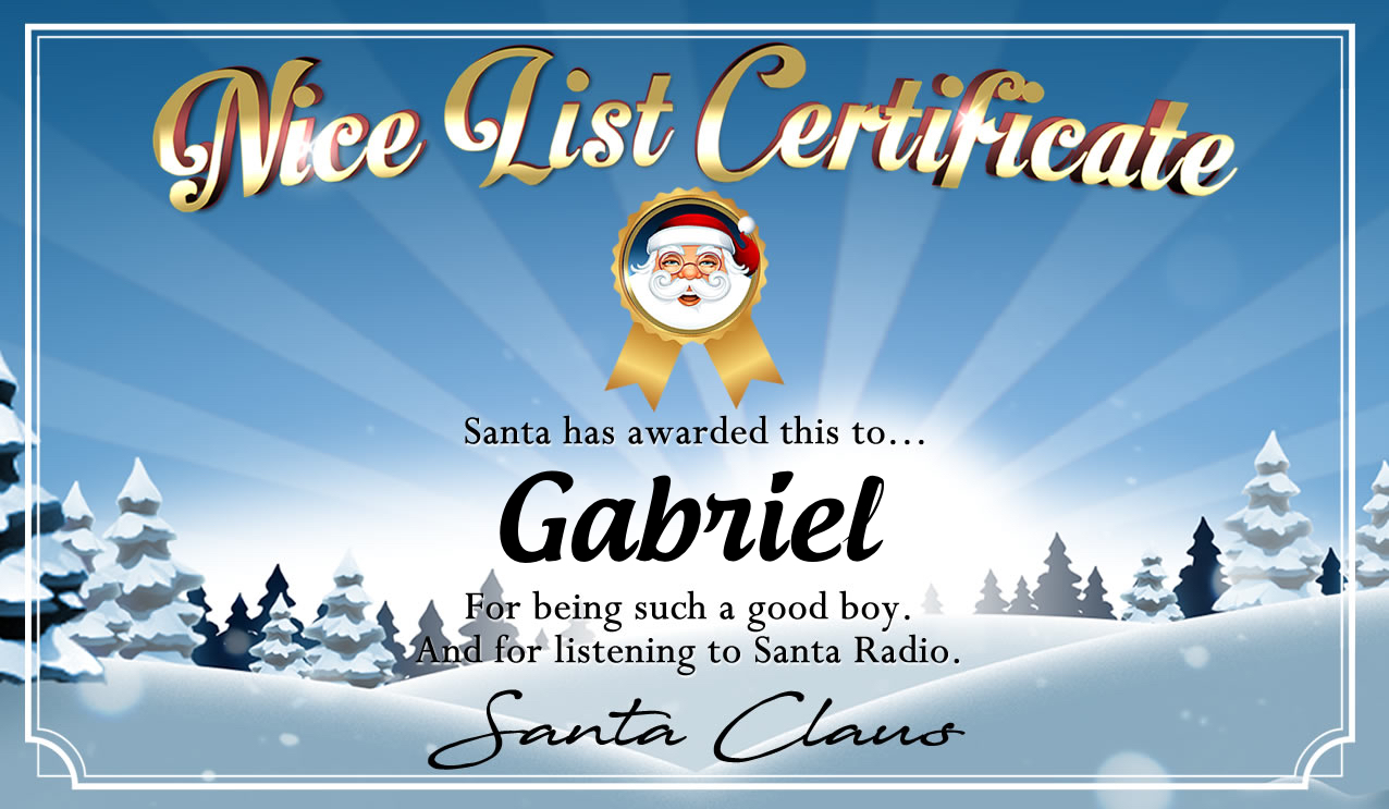 Personalised good list certificate for Gabriel