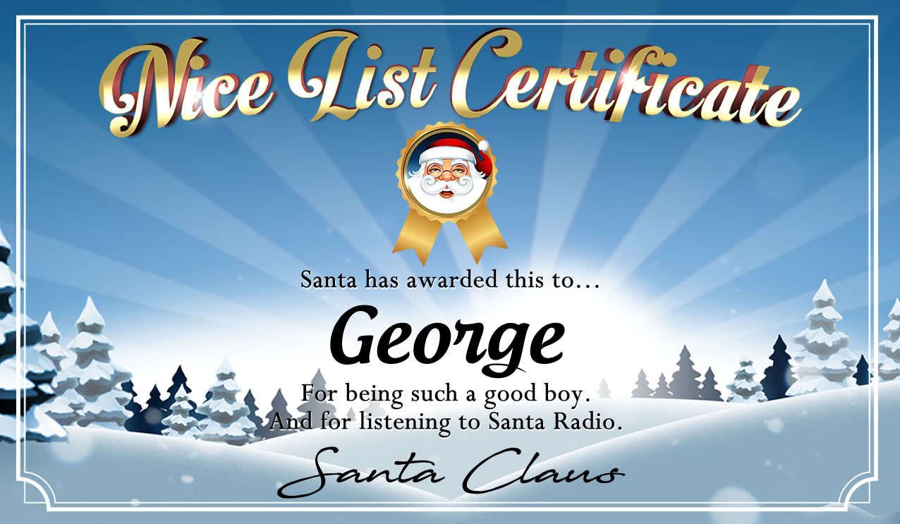 Personalised good list certificate for George