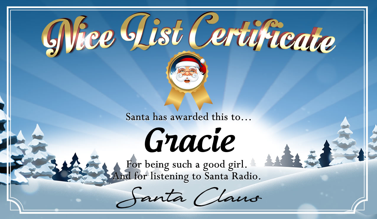 Personalised good list certificate for Gracie