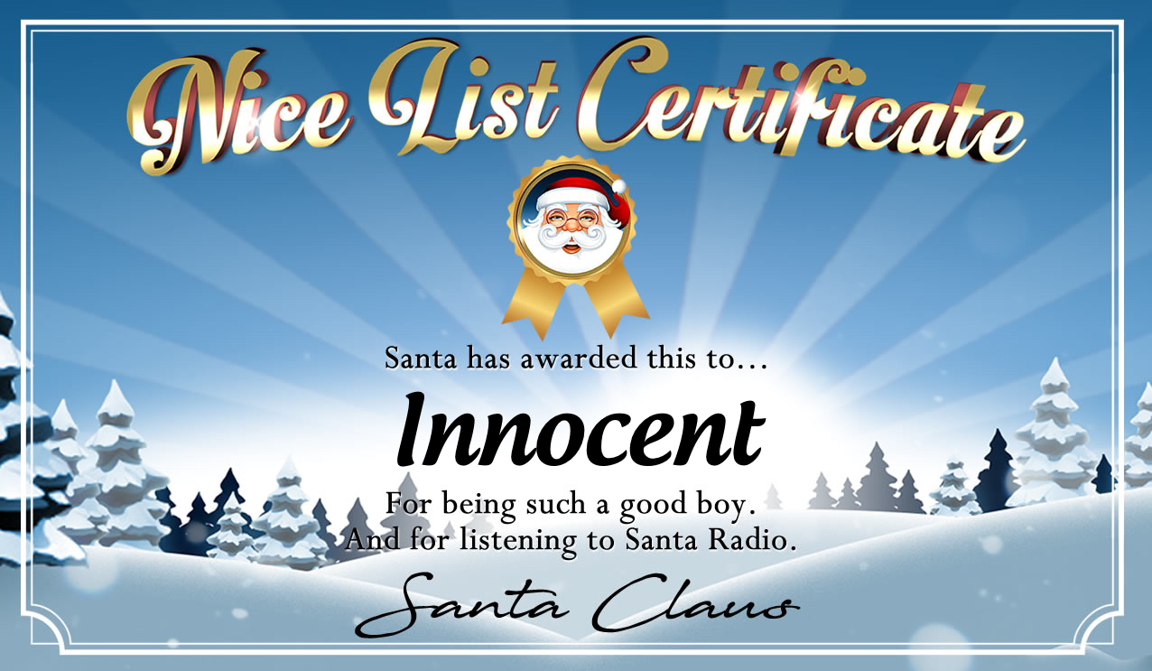 Personalised good list certificate for Innocent