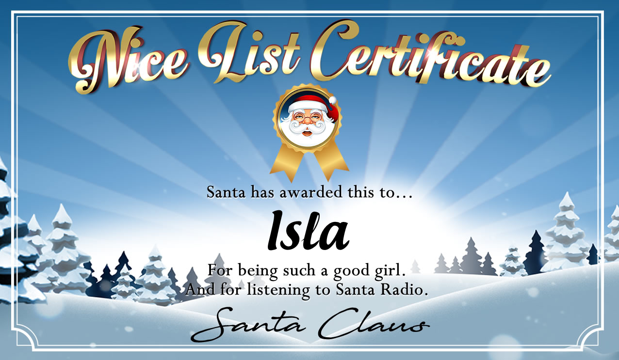 Personalised good list certificate for Isla