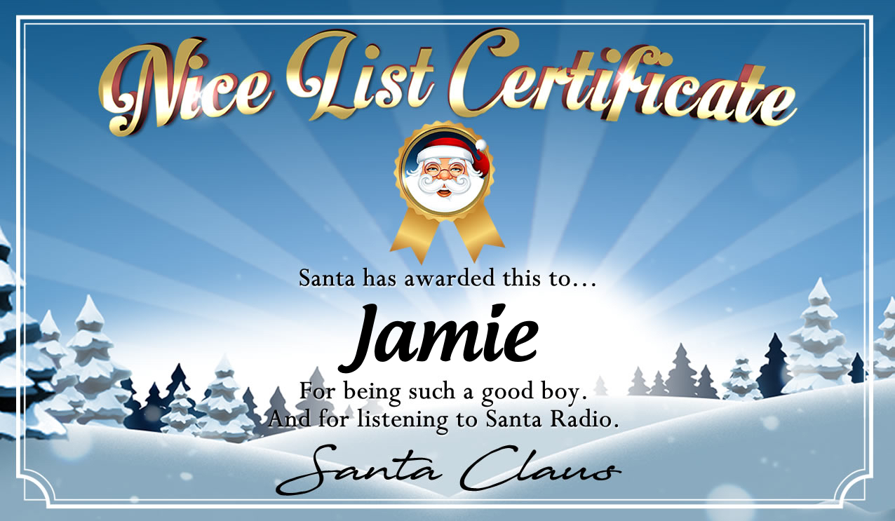 Personalised good list certificate for Jamie