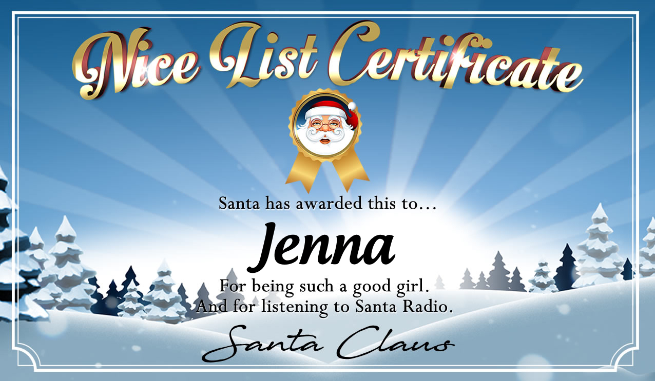 Personalised good list certificate for Jenna