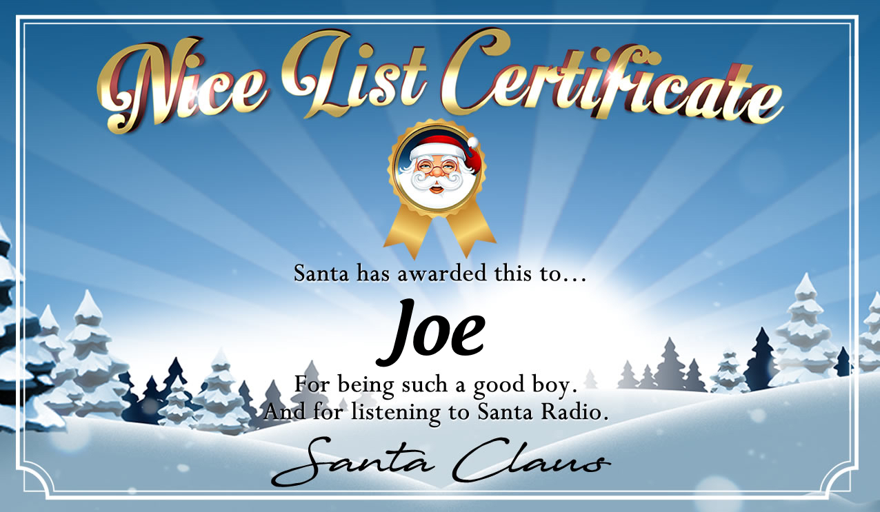 Personalised good list certificate for Joe
