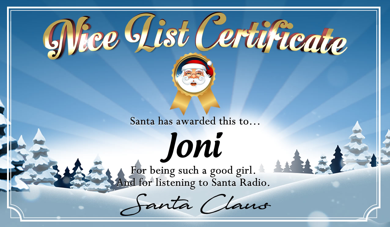Personalised good list certificate for Joni