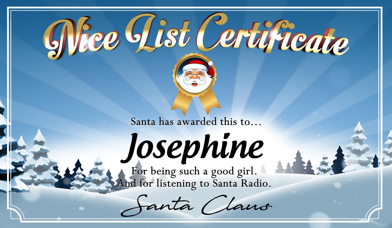 Personalised good list certificate for Josephine