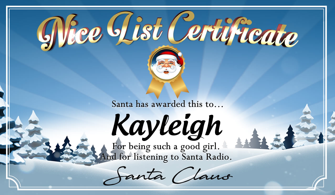 Personalised good list certificate for Kayleigh