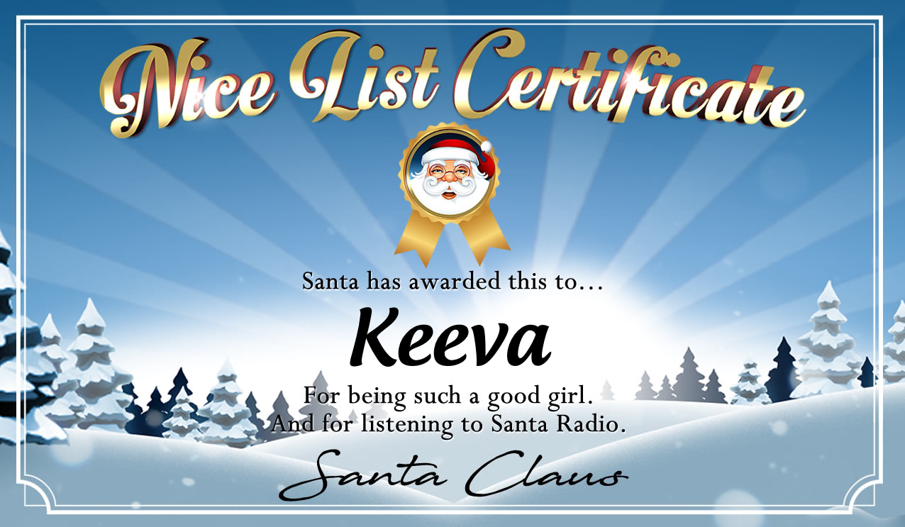 Personalised good list certificate for Keeva