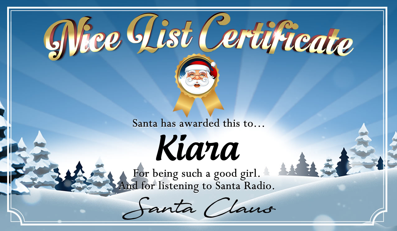 Personalised good list certificate for Kiara