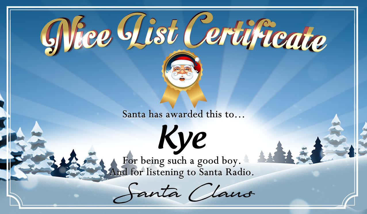 Personalised good list certificate for Kye