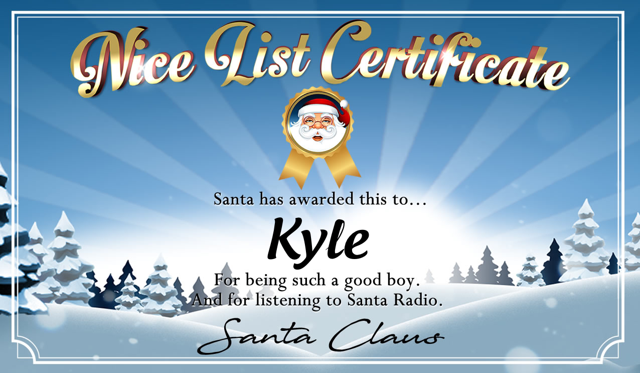 Personalised good list certificate for Kyle