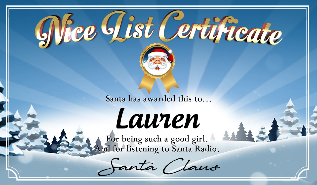 Personalised good list certificate for Lauren