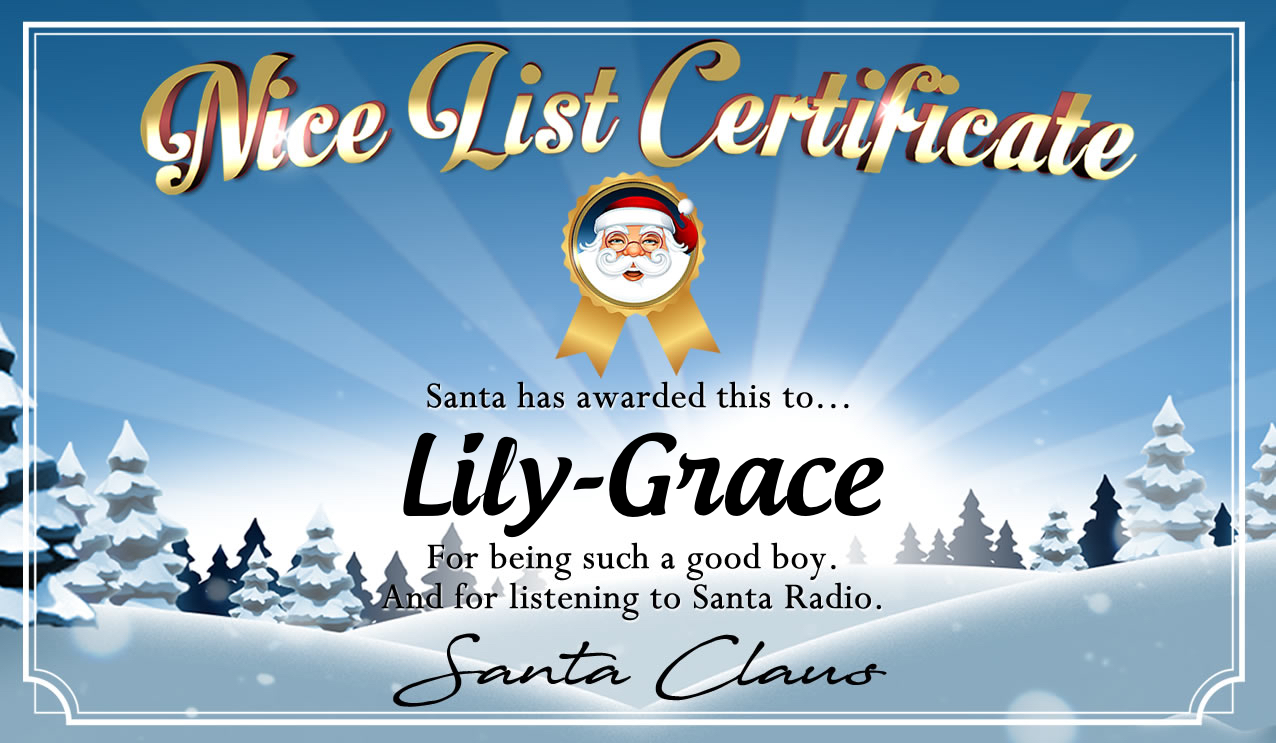Personalised good list certificate for Lily-Grace