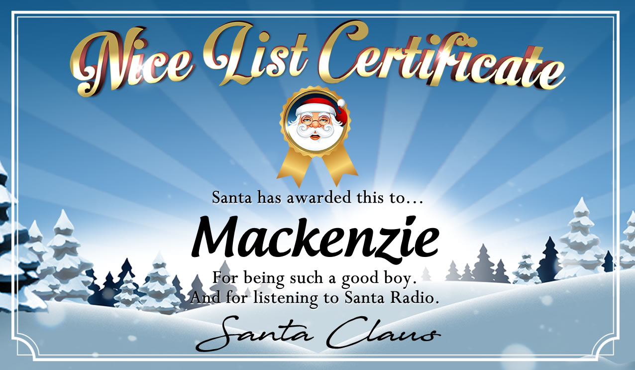 Personalised good list certificate for Mackenzie