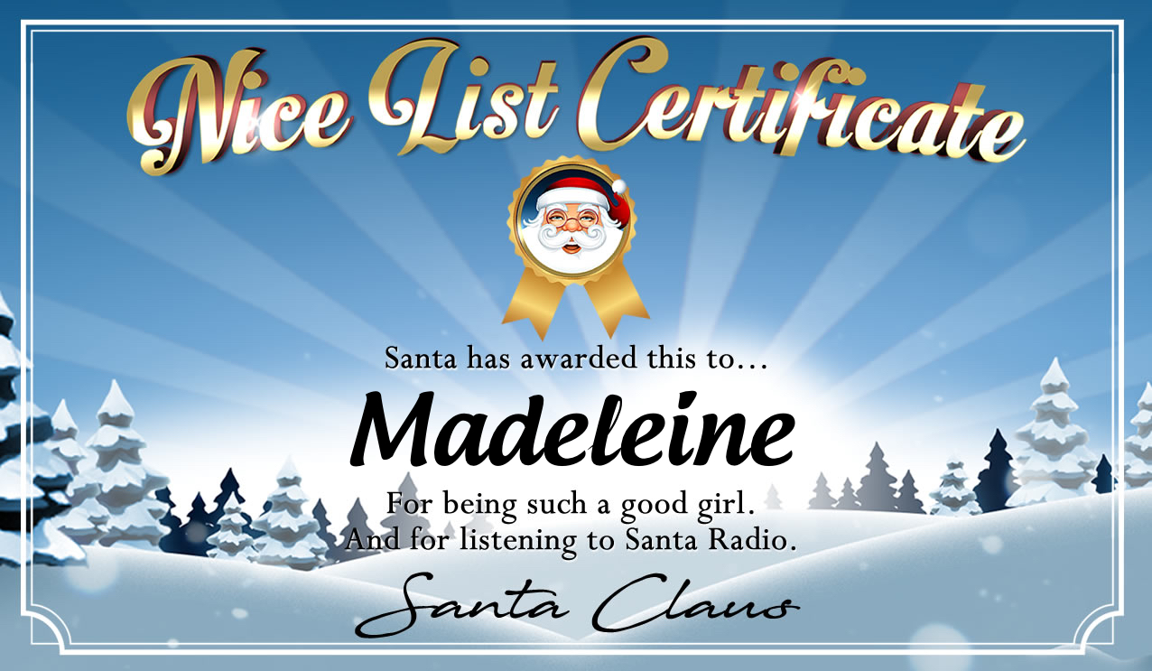 Personalised good list certificate for Madeleine