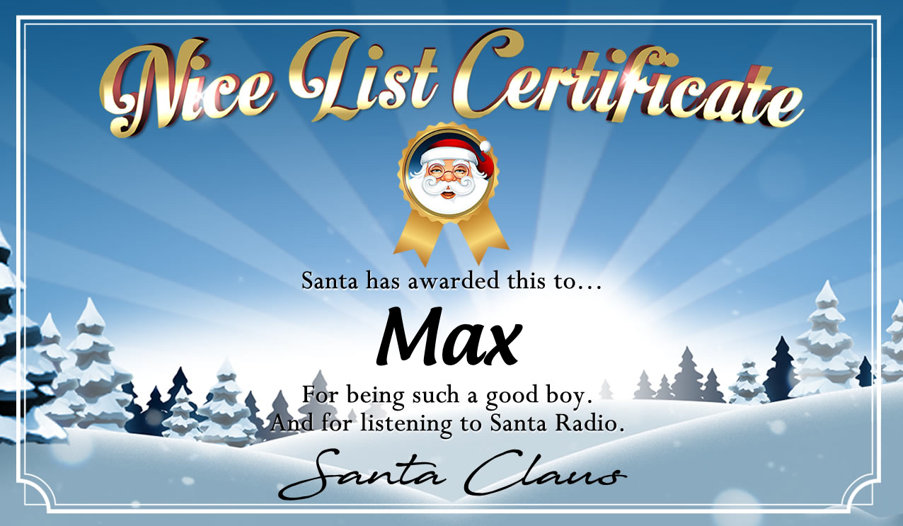 Personalised good list certificate for Max