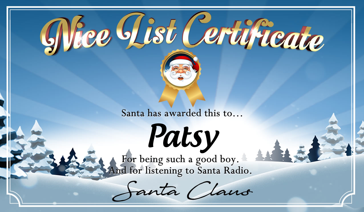 Personalised good list certificate for Patsy